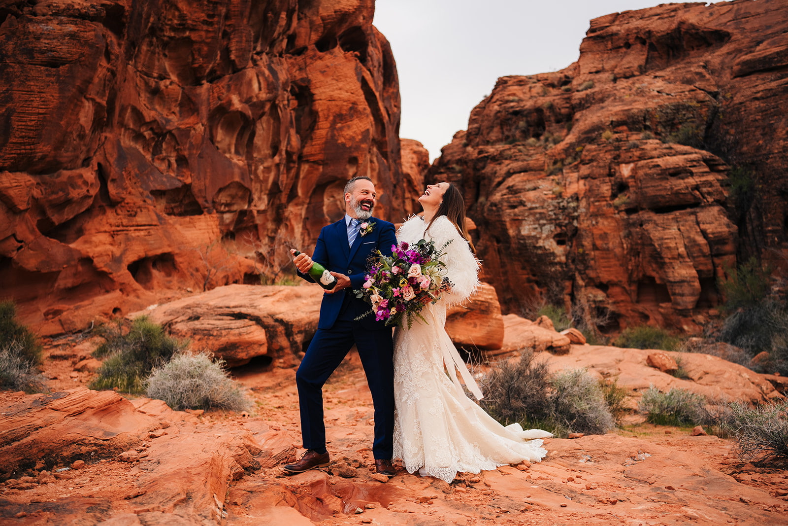 Newly wed couple enjoying their champagne at Valley of Fire.