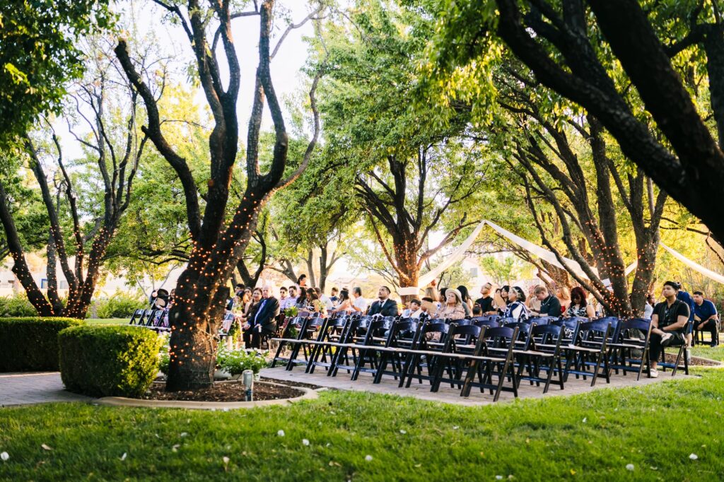 Guests waiting for the wedding at the outdoor garden venue at the Grove in Las Vegas.